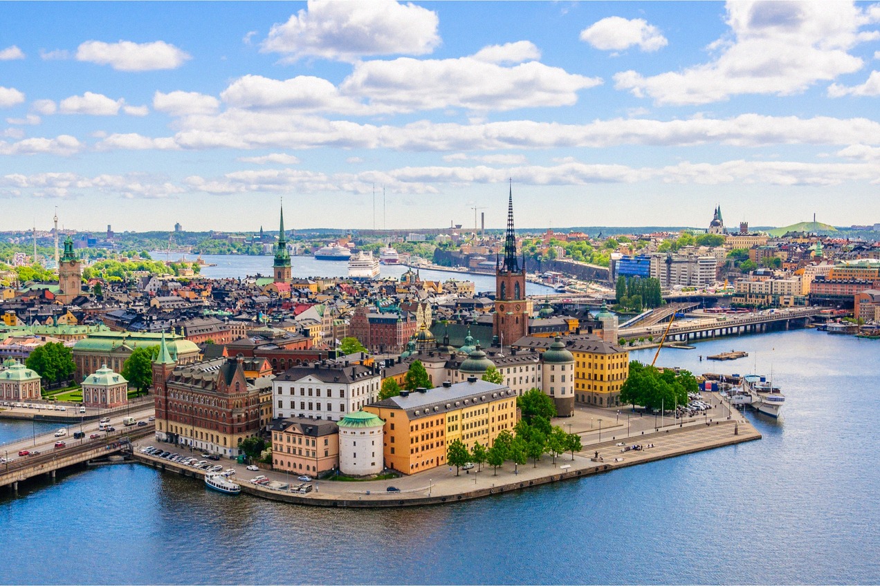 Aerial view of Gamla Stan, the old town of Stockholm, with Riddarholmen